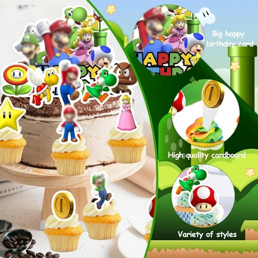 25Pcs Super Mario Cake Decorations with 24pcs Cupcake 1 Big Cake Topper